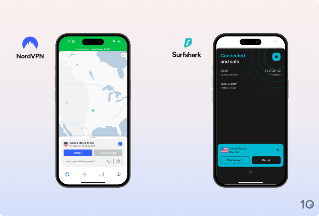 Comparison of NordVPN and Surfshark VPN mobile apps on iOS devices, showing user interfaces for connecting to servers in the United States.