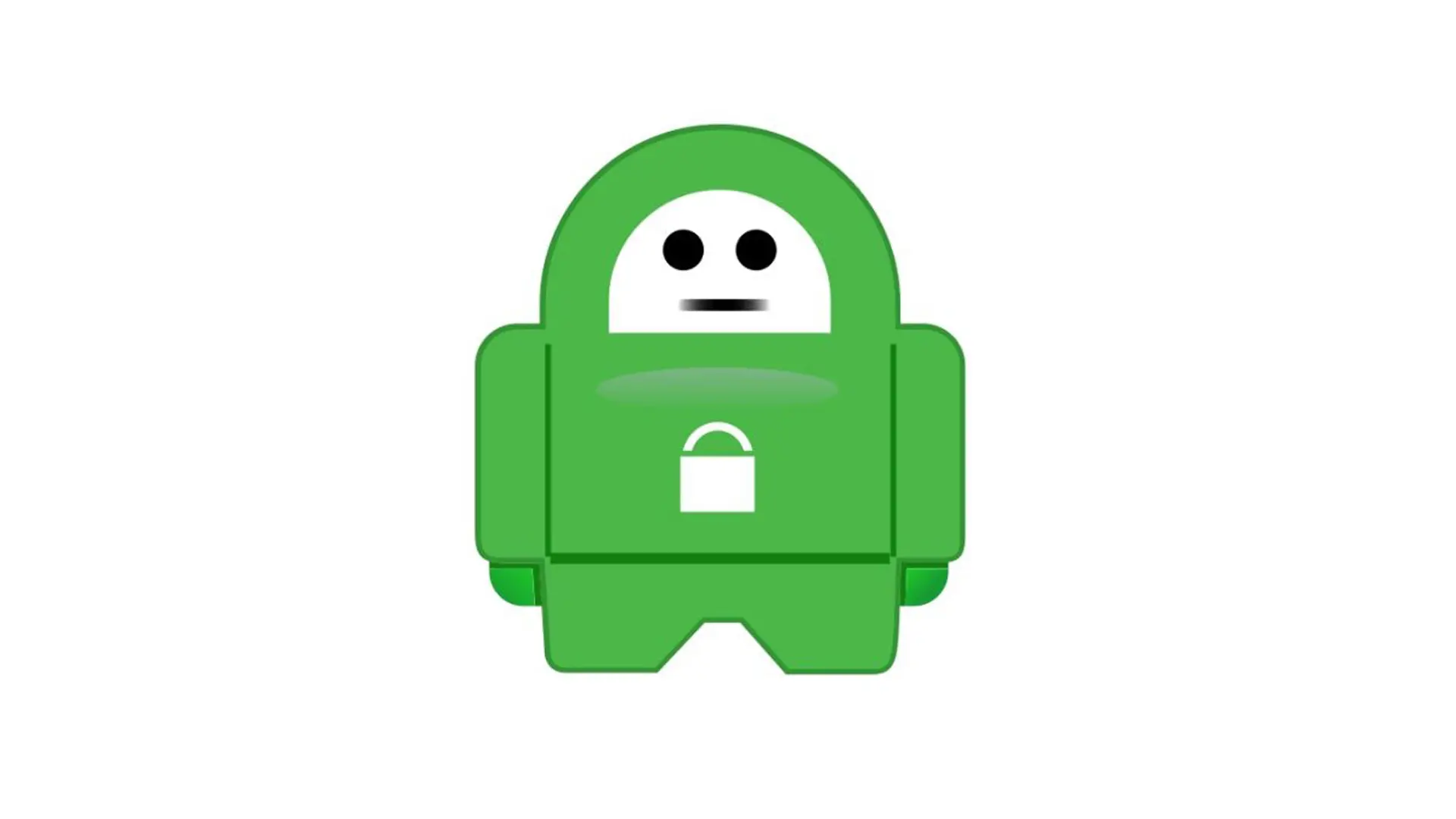 The image depicts a simplified cartoon-like character in green, resembling a robot or mascot. The figure has a round, white face with two black eyes and a small black mouth. Its body is shaped square with rounded edges, and it features a lock symbol in the center of its torso, signifying security or privacy. This is likely a representation of Private Internet Access (PIA), a VPN service known for its strong encryption and privacy features.