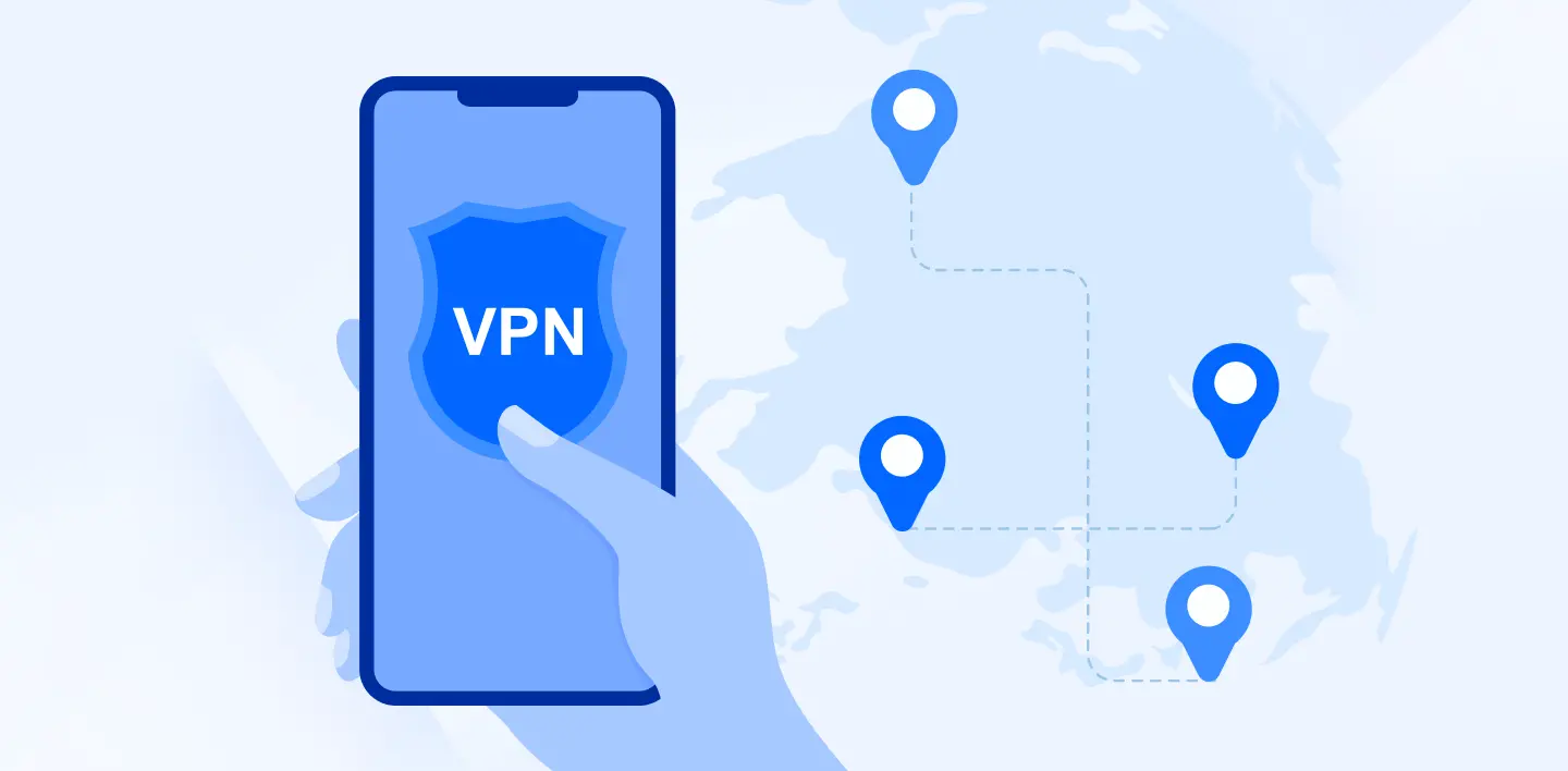 Hand holding a smartphone displaying VPN with a shield icon, showing a map with multiple location markers connected by dotted lines, representing secure global connectivity.