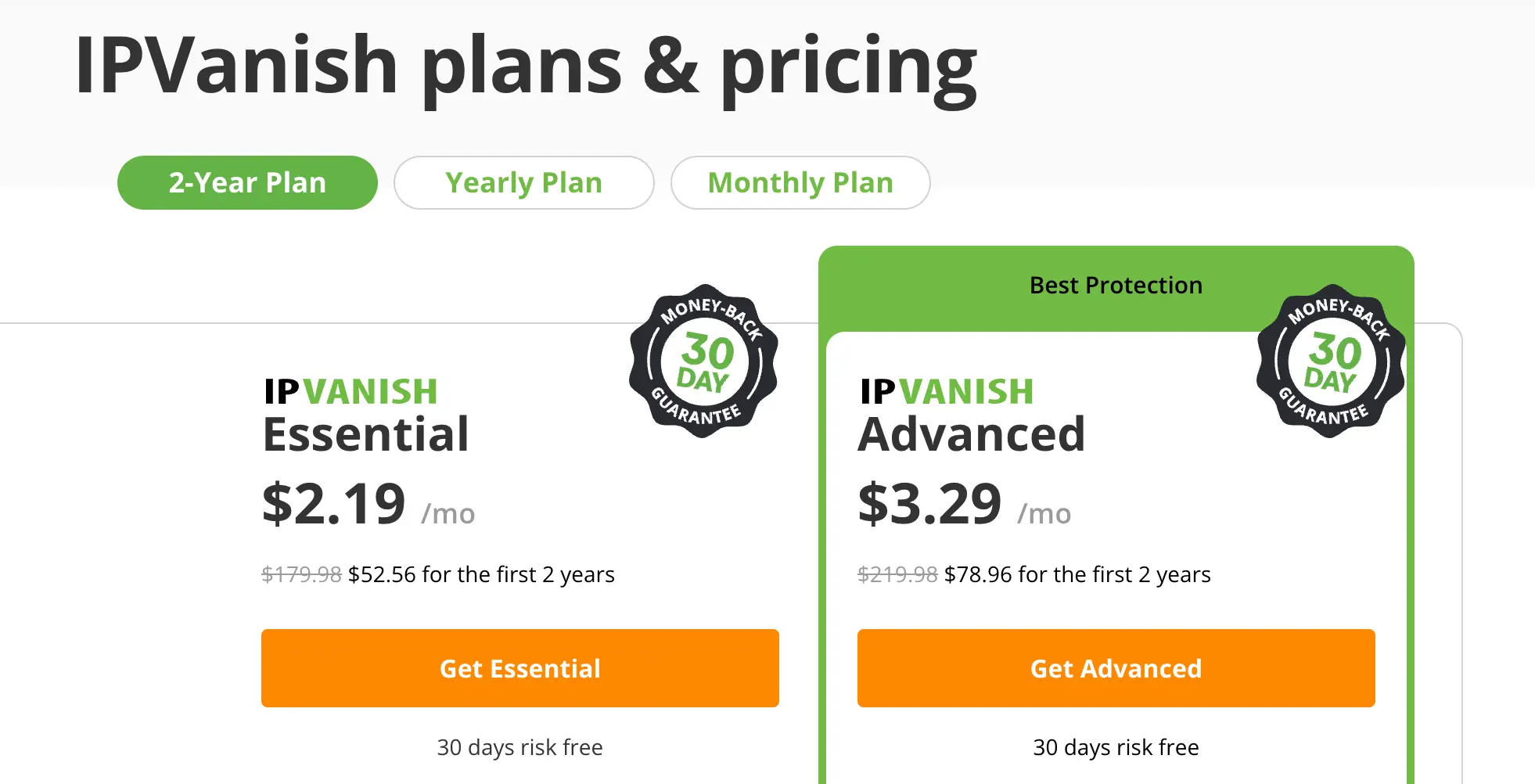 A screenshot of the IPVanish VPN pricing plans, highlighting the Essential and Advanced plans, with a 30-day money-back guarantee badge.