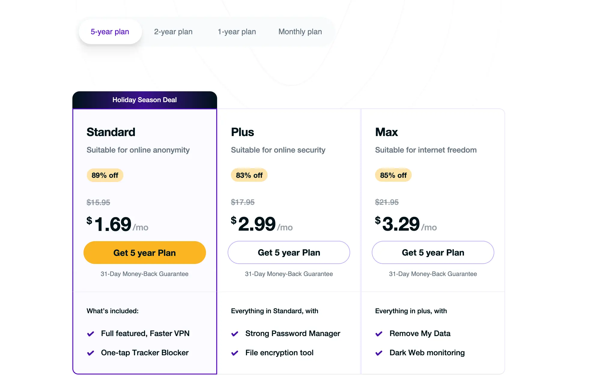 A screenshot of PureVPN's pricing plans showing the 5-year subscription options for Standard, Plus, and Max tiers. Discounts up to 89% are displayed, along with features like tracker blocking, password management, and dark web monitoring