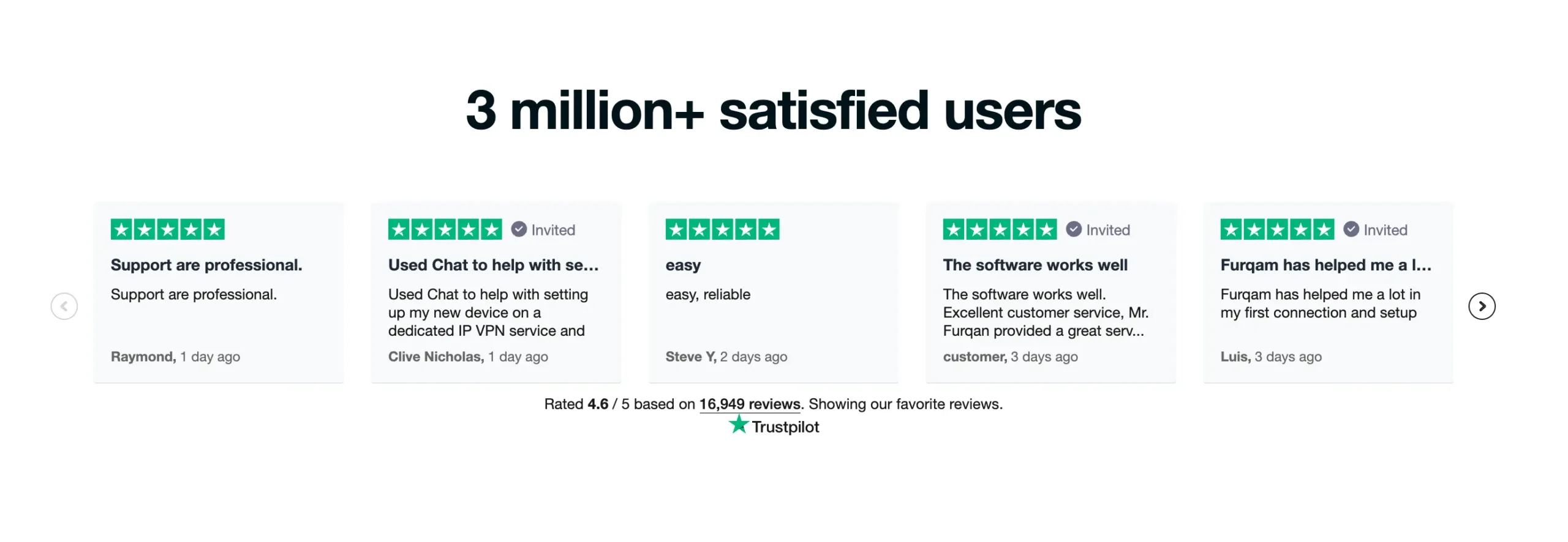 A Trustpilot review section for PureVPN highlighting user satisfaction with a 4.6/5 rating based on 16,949 reviews. Testimonials praise professional support, ease of use, and helpful customer service for setup and connection assistance.